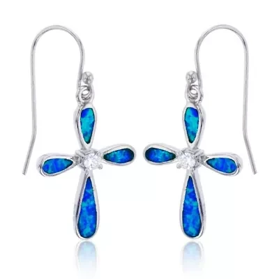 Lab Created Sterling Silver Rhodium Created Blue Opal with Center CZ Pinched Cross Dangling Fish-Hook Earring