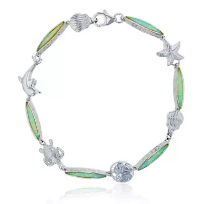 Lab Created Sterling Silver Rhodium Marquise Shape Created White Opal Nautical 8" Bracelet