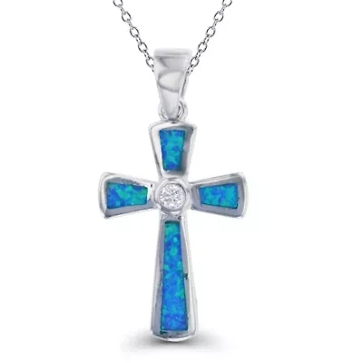 Lab Created Sterling Silver Rhodium Created Opal and CZ Cross 18" DC Cable Chain Necklace