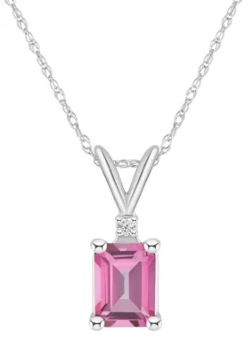 14K Gold 7x5 Emerald Cut Pink Topaz Diamond Accent Pendant