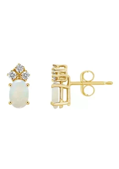 14K Gold 6x4 Oval Opal 1/8 Cttw Diamond Earrings