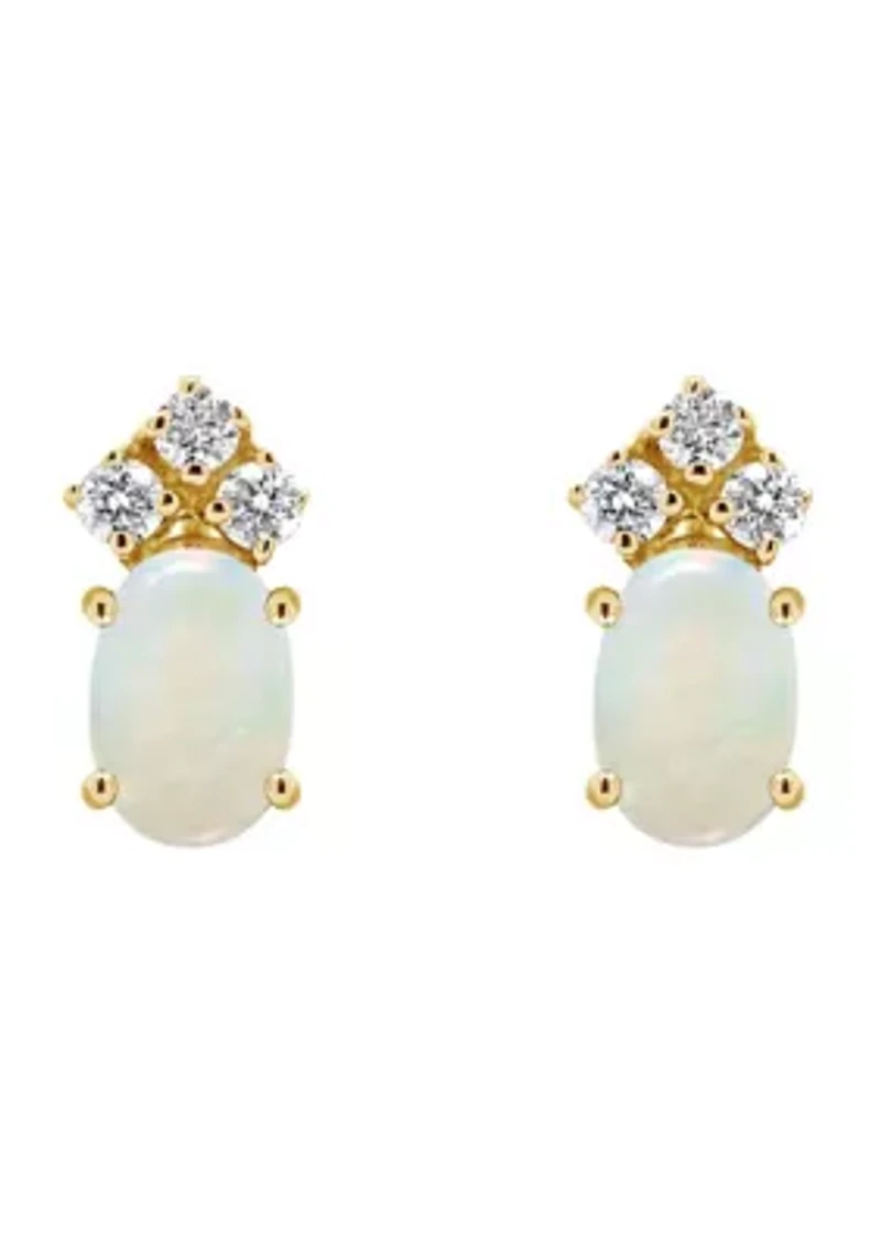 14K Gold 6x4 Oval Opal 1/8 Cttw Diamond Earrings