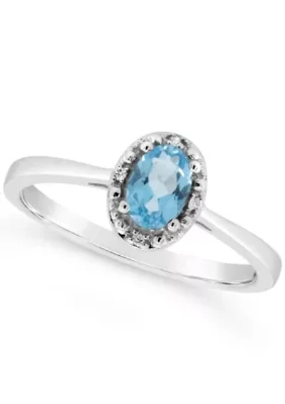 Sterling Silver 6x4mm Oval Blue Topaz Diamond Accent Halo Ring