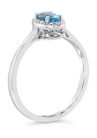 Sterling Silver 6x4mm Oval Blue Topaz Diamond Accent Halo Ring