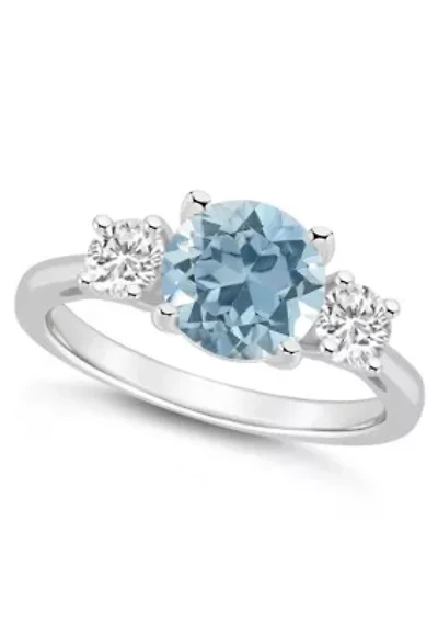 Sterling Silver 8mm Round Sky Blue Topaz And White 3-Stone Ring
