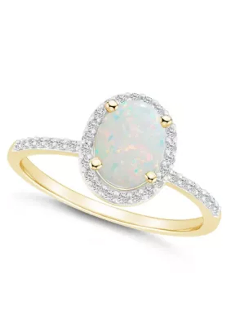 Lab Created 10K Yellow Gold 8x6mm Oval Opal And White Sapphire Halo Ring