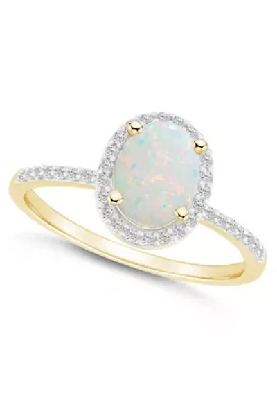 Lab Created 10K Yellow Gold 8x6mm Oval Opal And White Sapphire Halo Ring
