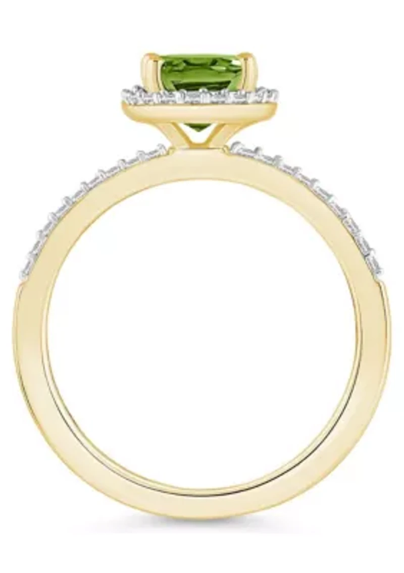 10K Yellow Gold 8x6mm Oval Peridot And Created White Sapphire Halo Ring
