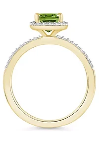 10K Yellow Gold 8x6mm Oval Peridot And Created White Sapphire Halo Ring
