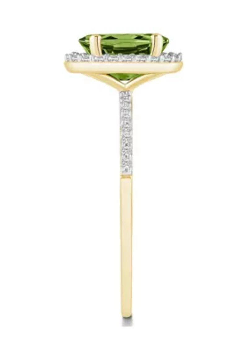 10K Yellow Gold 8x6mm Oval Peridot And Created White Sapphire Halo Ring