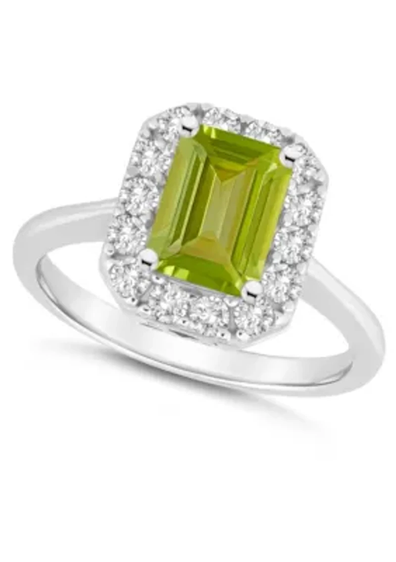Sterling Silver 8x6mm Emerald Cut Peridot And White Topaz Halo Ring