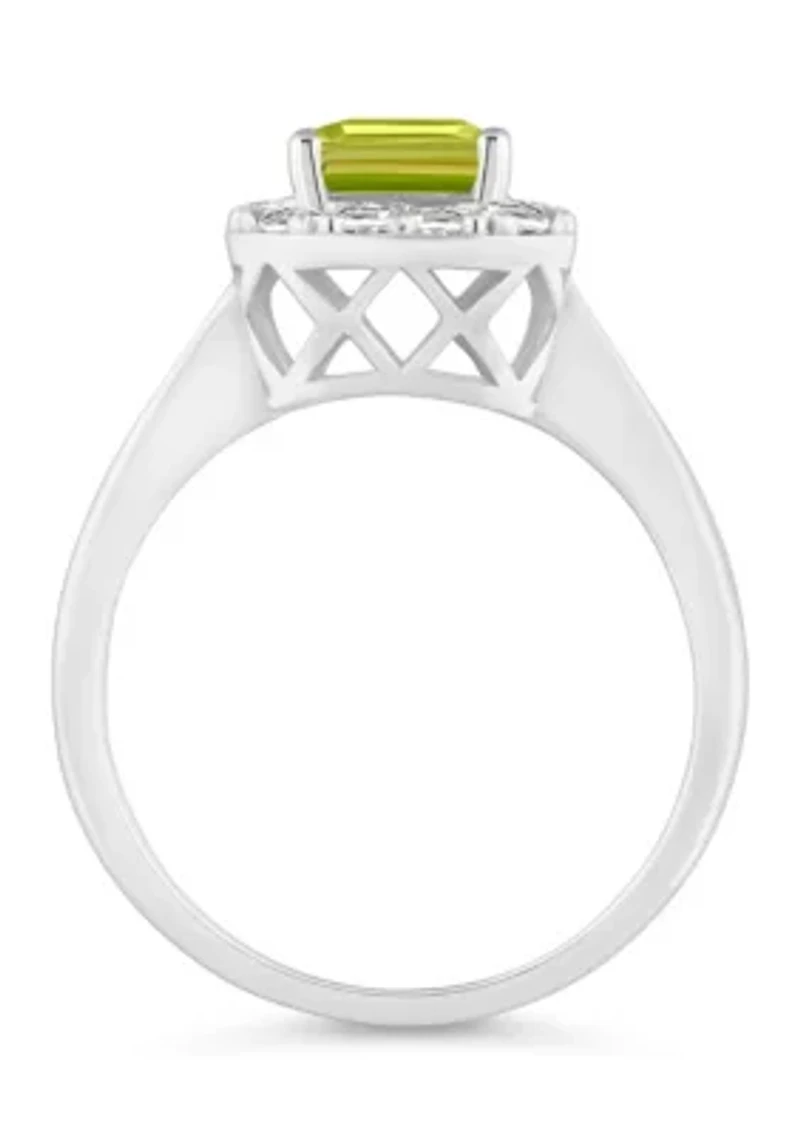Sterling Silver 8x6mm Emerald Cut Peridot And White Topaz Halo Ring