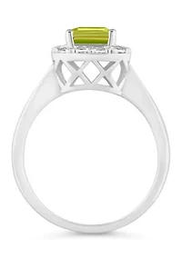 Sterling Silver 8x6mm Emerald Cut Peridot And White Topaz Halo Ring