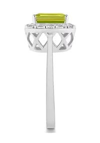 Sterling Silver 8x6mm Emerald Cut Peridot And White Topaz Halo Ring