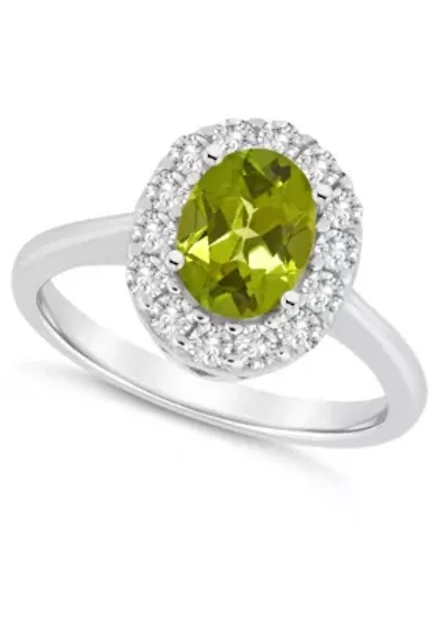Sterling Silver 8x6mm Oval Peridot And White Topaz Halo Ring