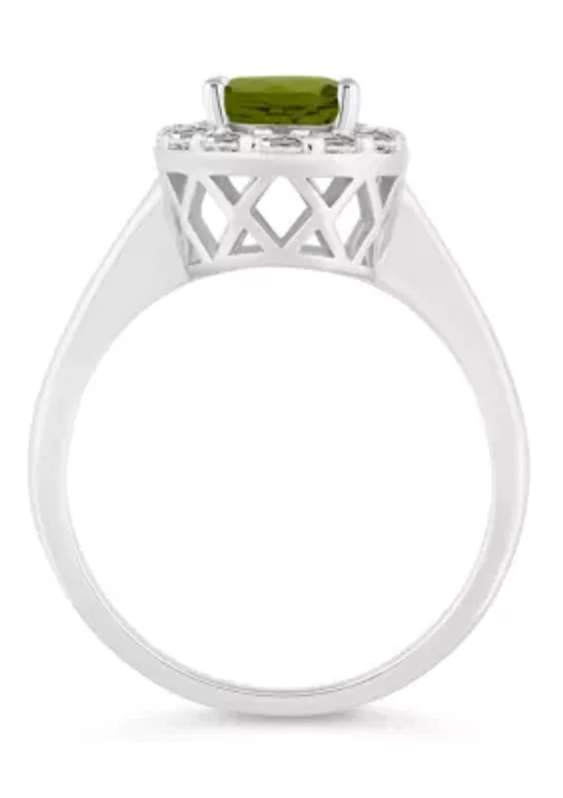 Sterling Silver 8x6mm Oval Peridot And White Topaz Halo Ring