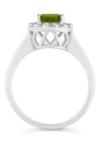 Sterling Silver 8x6mm Oval Peridot And White Topaz Halo Ring