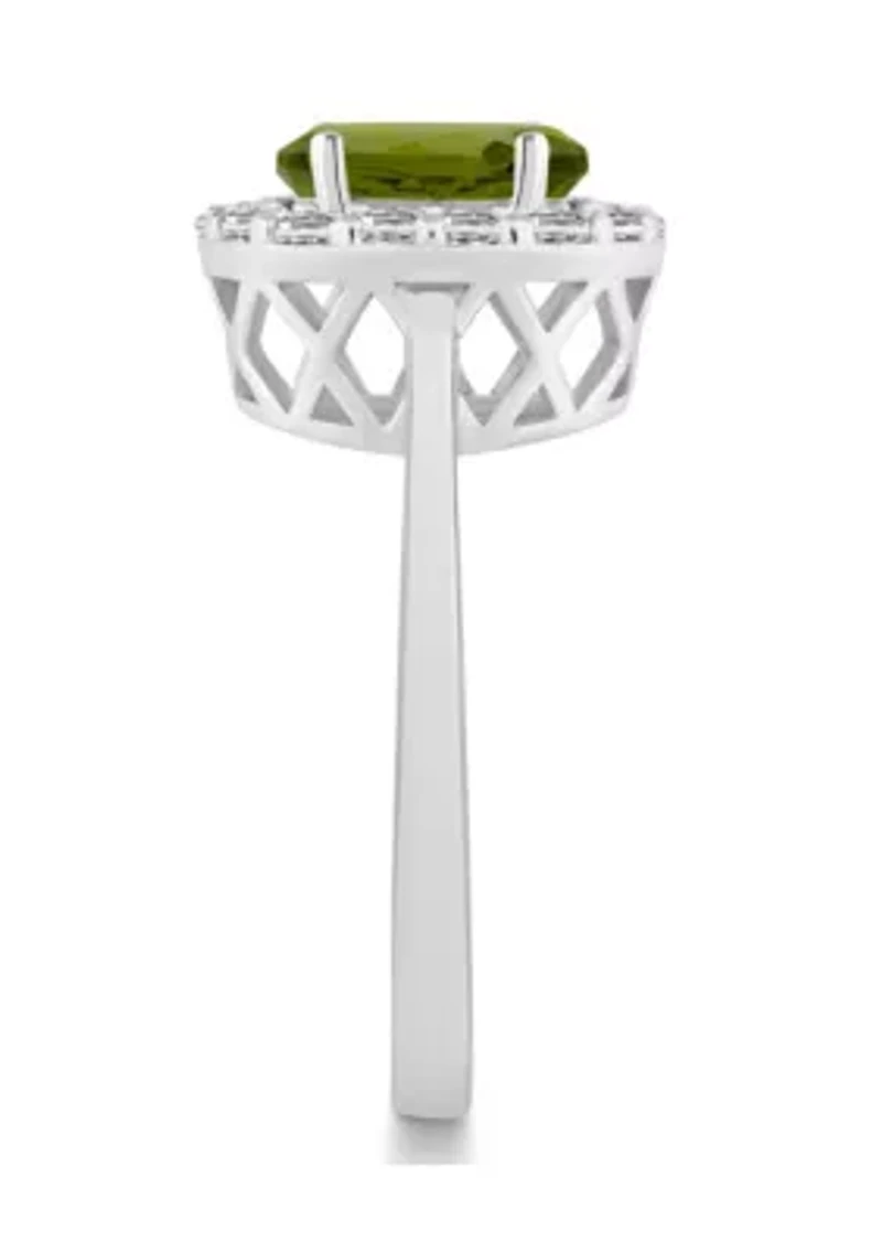 Sterling Silver 8x6mm Oval Peridot And White Topaz Halo Ring
