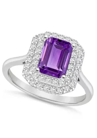Sterling Silver 8x6mm Emerald Cut Amethyst And White Topaz Double Halo Ring