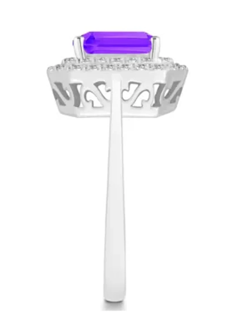 Sterling Silver 8x6mm Emerald Cut Amethyst And White Topaz Double Halo Ring