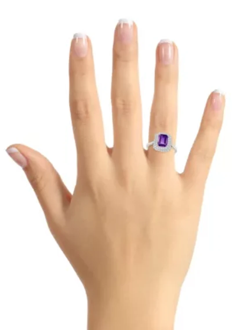 Sterling Silver 8x6mm Emerald Cut Amethyst And White Topaz Double Halo Ring