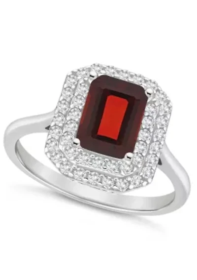 Sterling Silver 8x6mm Emerald Cut Garnet And White Topaz Double Halo Ring