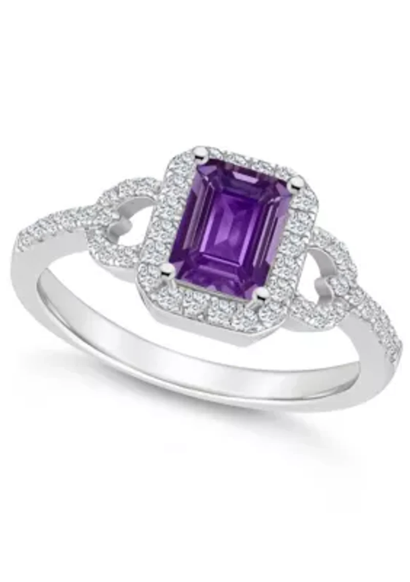 Sterling Silver 7x5mm Emerald Cut Amethyst and White Topaz Accent Ring