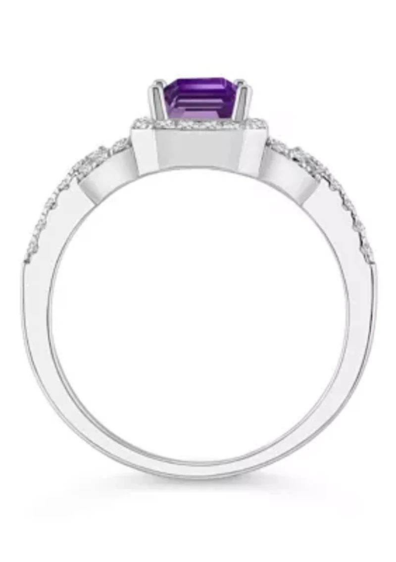 Sterling Silver 7x5mm Emerald Cut Amethyst and White Topaz Accent Ring