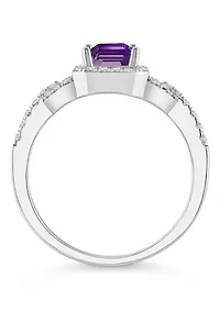 Sterling Silver 7x5mm Emerald Cut Amethyst and White Topaz Accent Ring