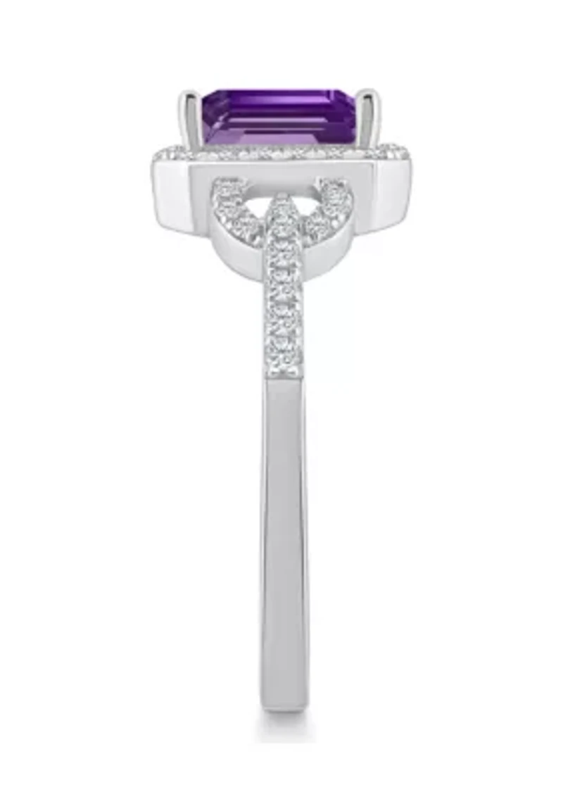 Sterling Silver 7x5mm Emerald Cut Amethyst and White Topaz Accent Ring