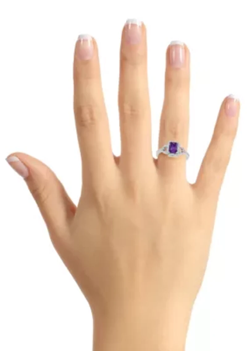 Sterling Silver 7x5mm Emerald Cut Amethyst and White Topaz Accent Ring