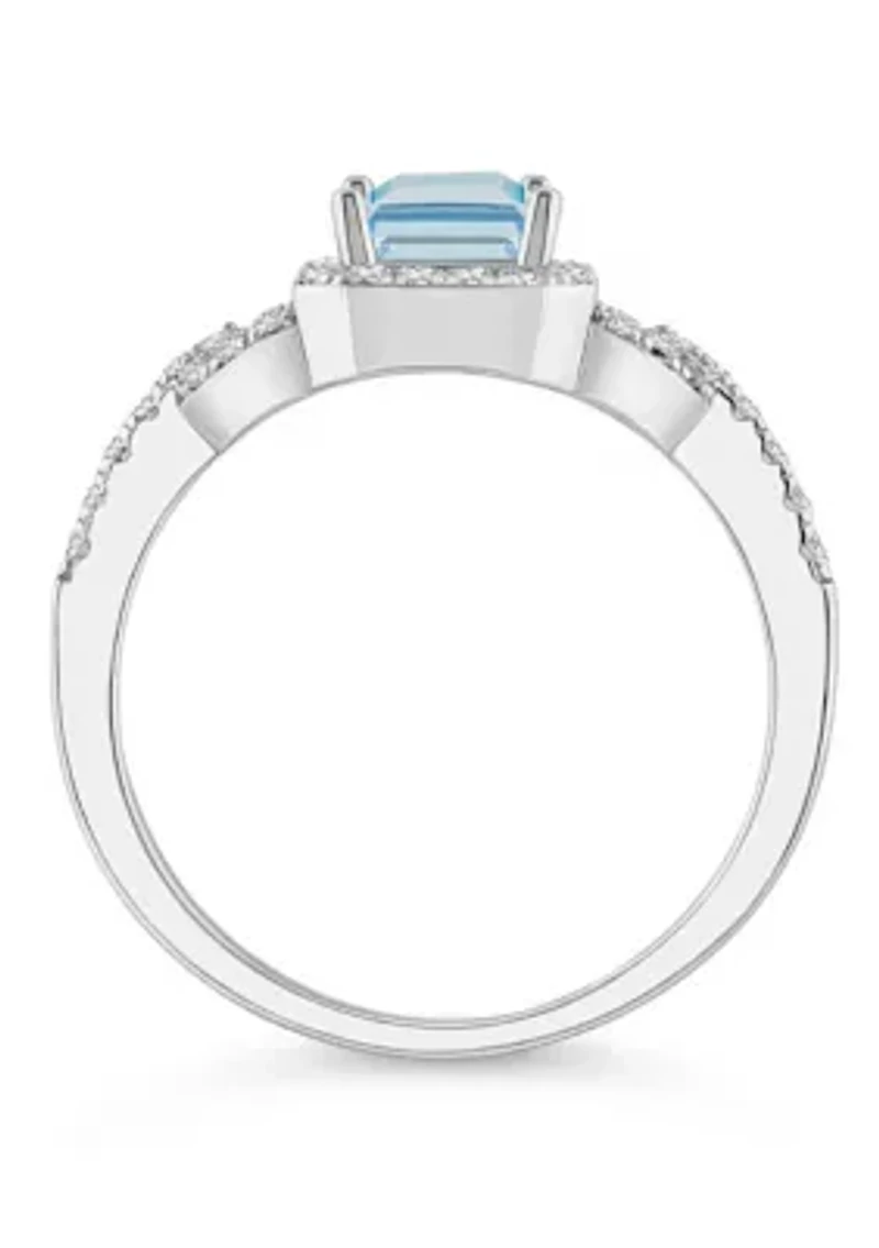 Sterling Silver 7x5mm Emerald Cut Sky Blue Topaz and White Accent Ring