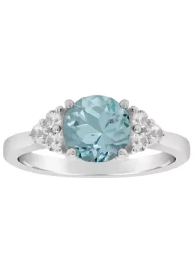 Lab Created Sterling Silver 7mm Round Simulated Aquamarine And White Sapphire Ring