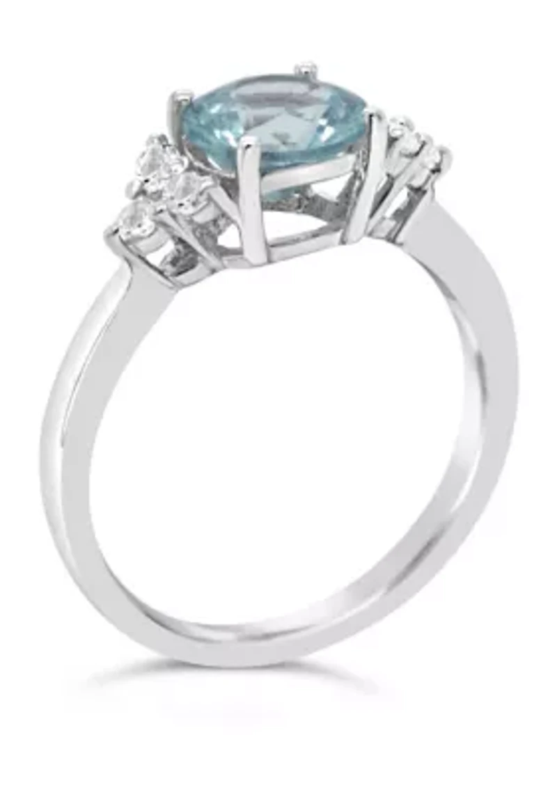 Lab Created Sterling Silver 7mm Round Simulated Aquamarine And White Sapphire Ring