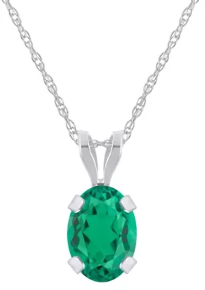 Lab Created 10K White Gold 7x5mm Oval Emerald Pendant Necklace