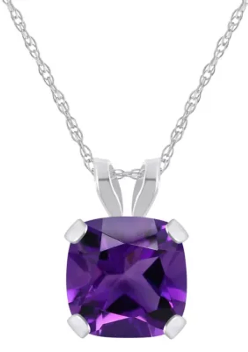 10K White Gold 6mm Cushion Amethyst Pendant Necklace