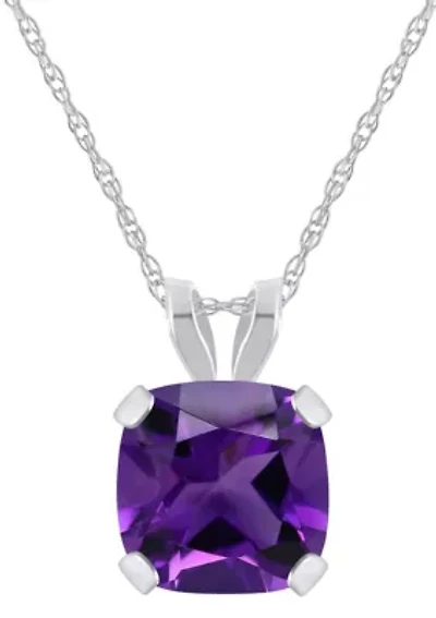 10K White Gold 6mm Cushion Amethyst Pendant Necklace