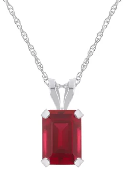 Lab Created 10K White Gold 7x5mm Emerald Cut Ruby Pendant Necklace