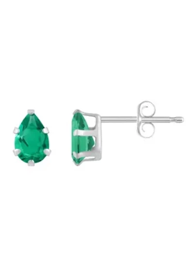 Lab Created 10K White Gold 6x4mm Pear Shape Emerald Stud Earrings
