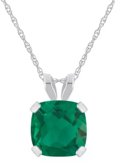 Lab Created 10K White Gold 6mm Cushion Emerald Pendant Necklace