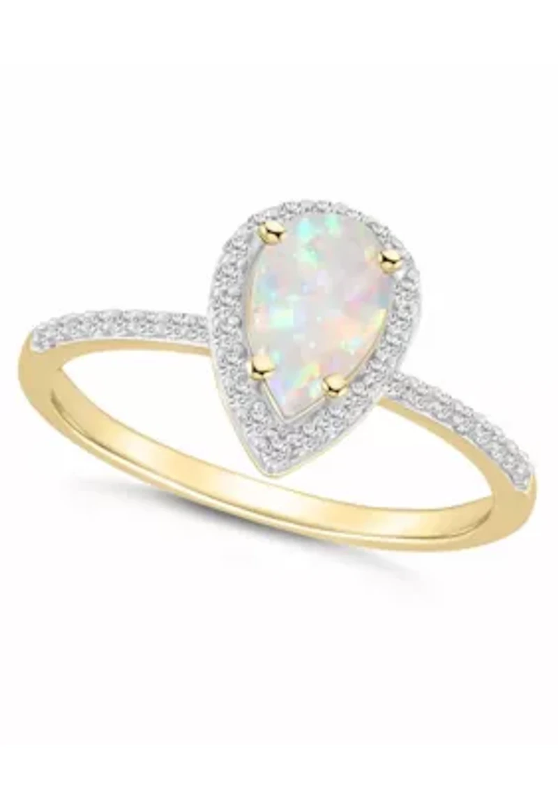 Lab Created 10K Yellow Gold 8x5mm Pear Shape Opal & White Sapphire Halo Ring