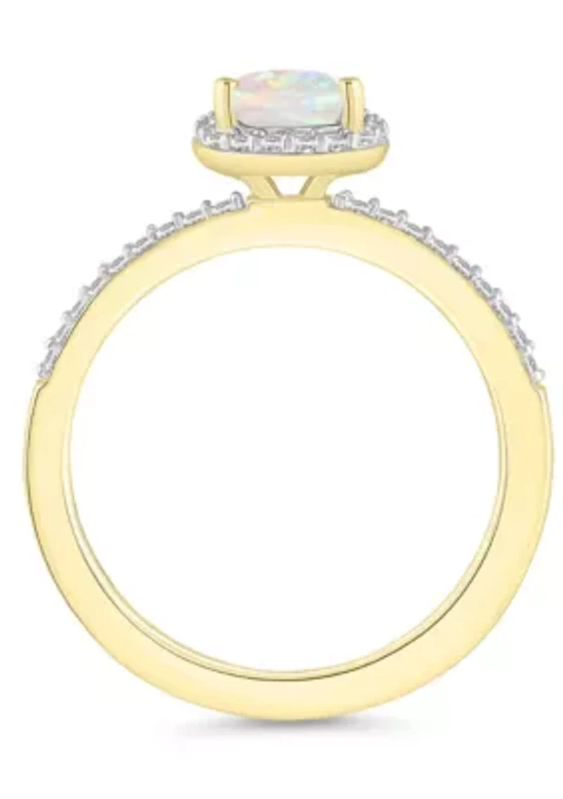 Lab Created 10K Yellow Gold 8x5mm Pear Shape Opal & White Sapphire Halo Ring