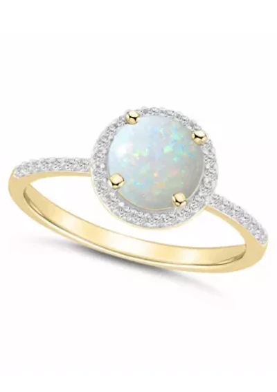 Lab Created 10K Yellow Gold 7mm Round Opal & White Sapphire Halo Ring