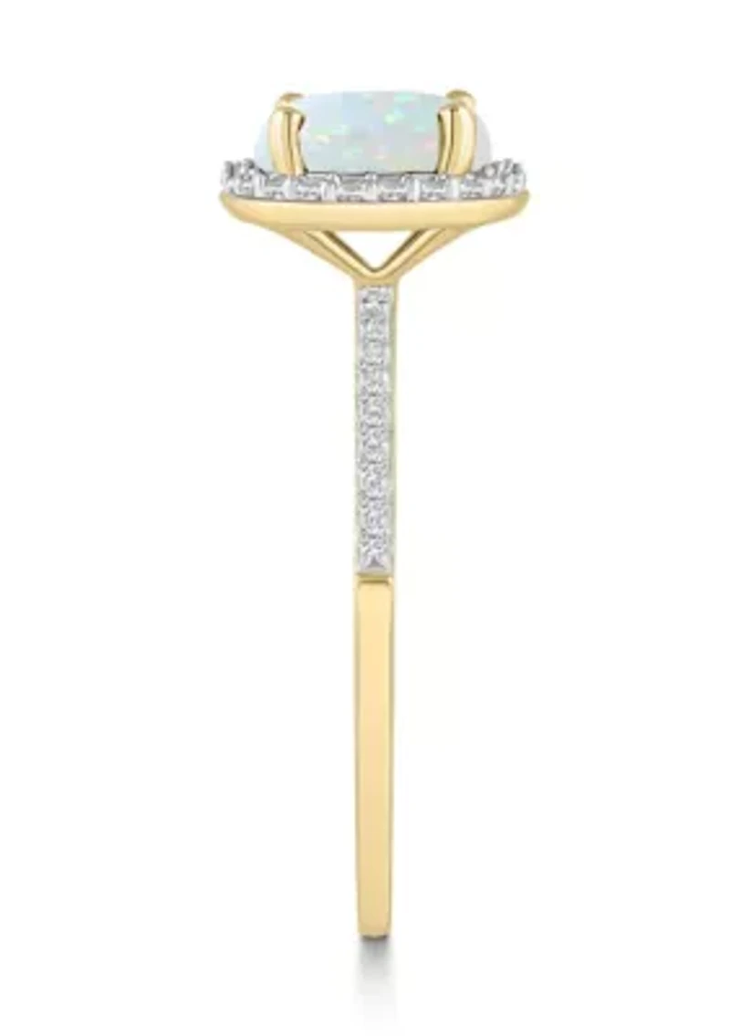 Lab Created 10K Yellow Gold 7mm Round Opal & White Sapphire Halo Ring