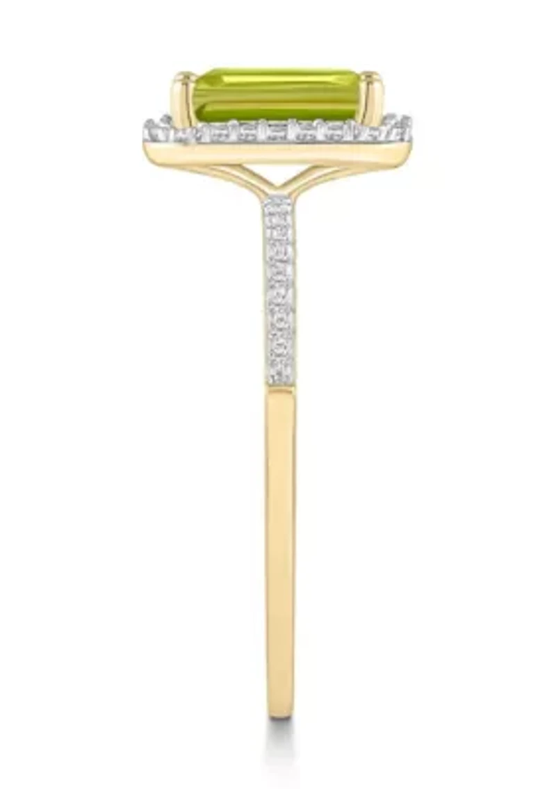10K Yellow Gold 8x6mm Emerald Cut Peridot & Created White Sapphire Halo Ring