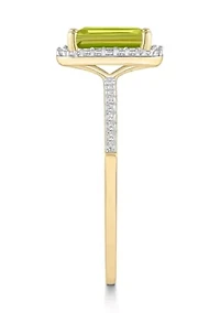 10K Yellow Gold 8x6mm Emerald Cut Peridot & Created White Sapphire Halo Ring