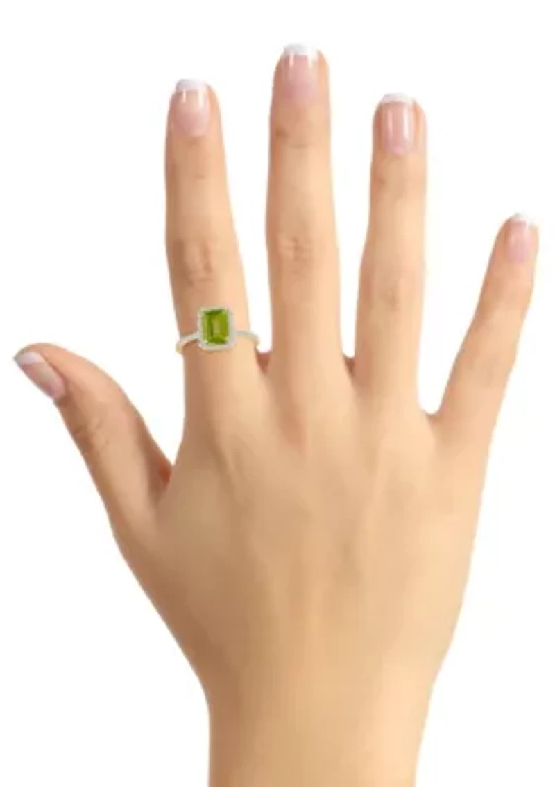 10K Yellow Gold 8x6mm Emerald Cut Peridot & Created White Sapphire Halo Ring