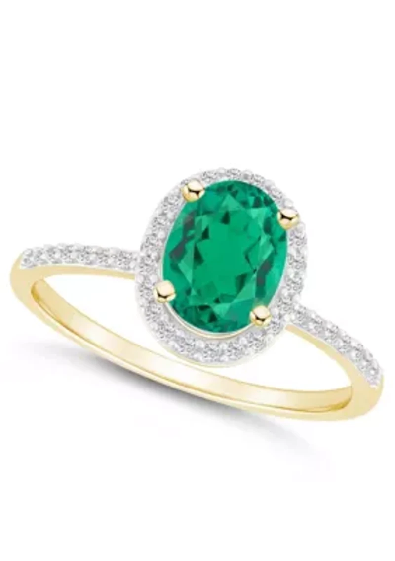 Lab Created 10K Yellow Gold 8x6mm Oval Emerald & White Sapphire Halo Ring