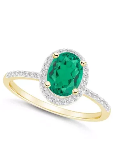 Lab Created 10K Yellow Gold 8x6mm Oval Emerald & White Sapphire Halo Ring