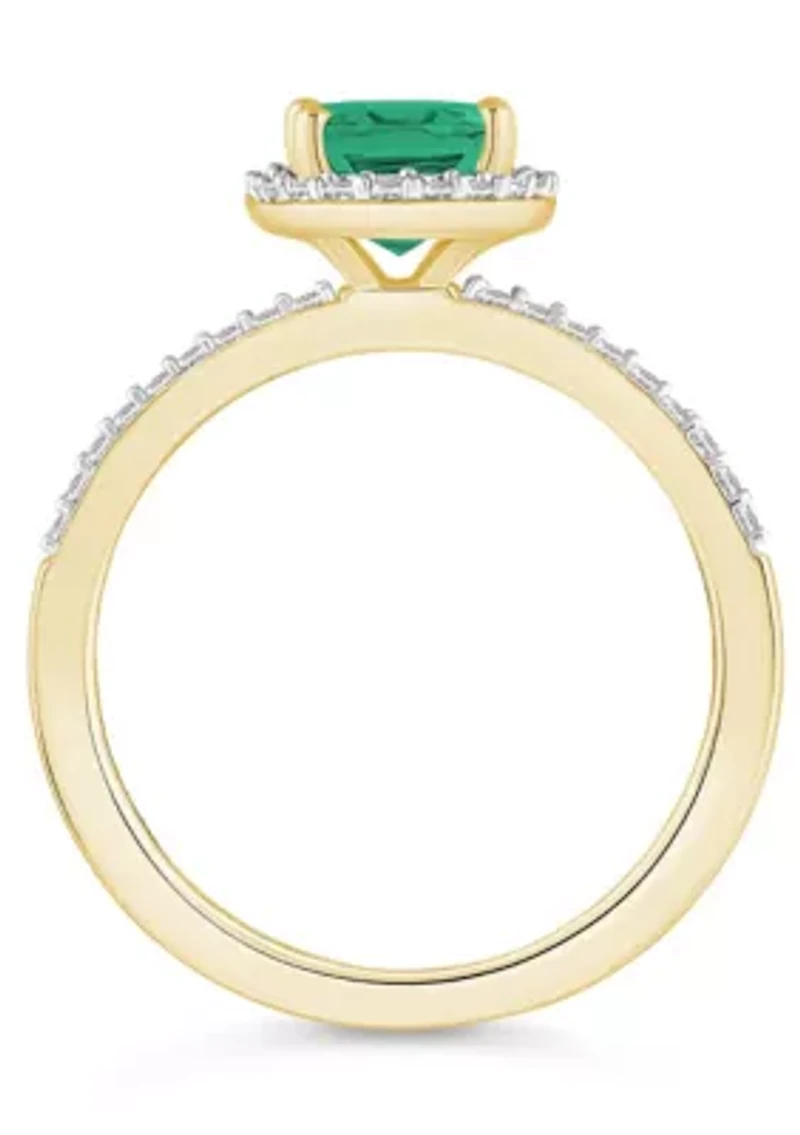 Lab Created 10K Yellow Gold 8x6mm Oval Emerald & White Sapphire Halo Ring